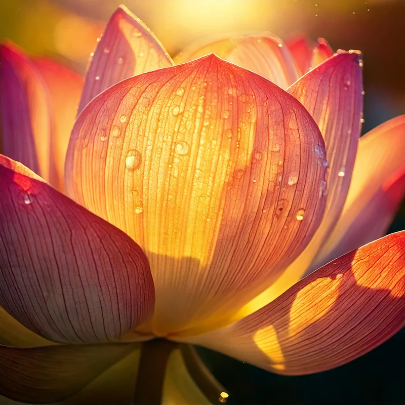 Lotus Blütenblättern mit Wassertropfen, in der Morgensonne