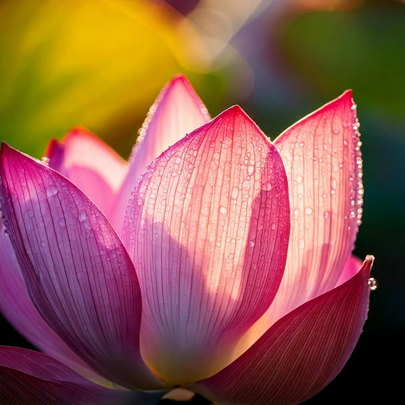 Lotus Blütenblättern mit Wassertropfen, in der Morgensonne, die sich öffnen